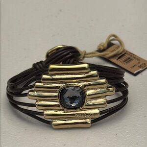 NEW Uno de 50 ATTACHED Gold Plated Gray Crystal Leather Bracelet Size Large